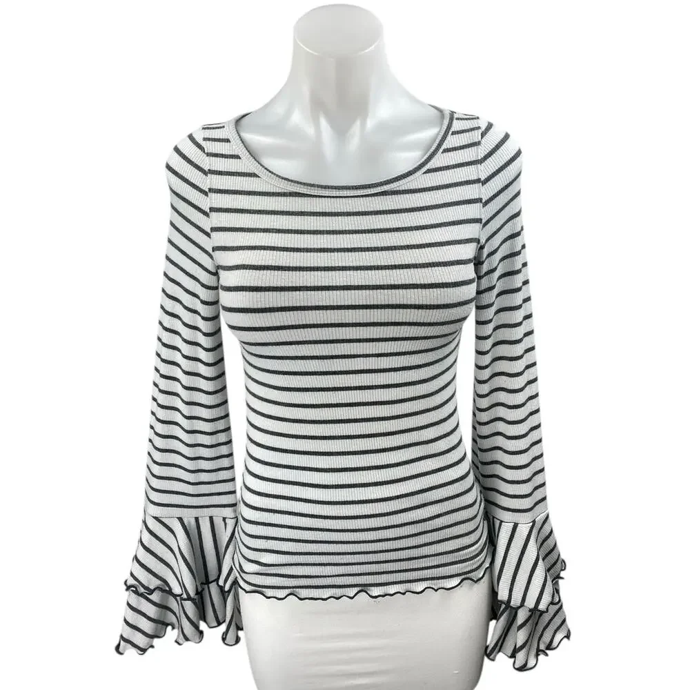 Free People Good Find White Black Striped Ruffle Long Bell Sleeve Sweater Top XS